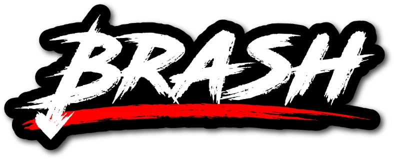 Brash artist logo, white brush lettering with a red underline